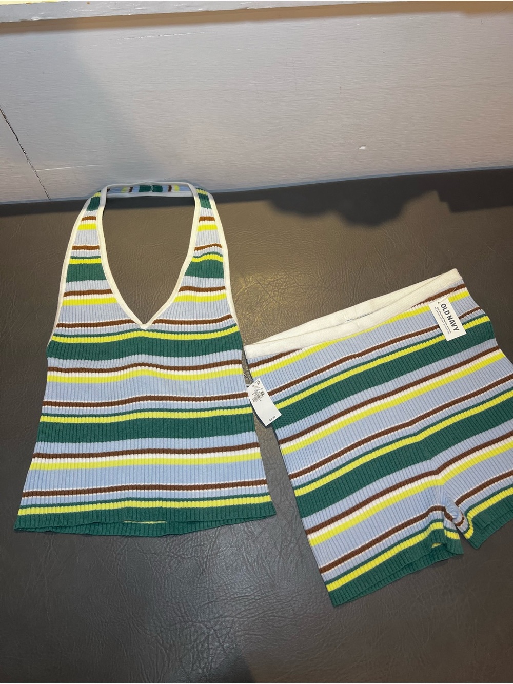 Striped Green & Yellow Set - Two-Piece Halter Top & Shorts